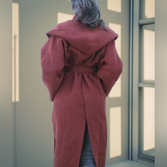 NWT 90% Wool Elegant Hooded Rust Red/Brown Belted Oversize Coat - Picture 6 of 9